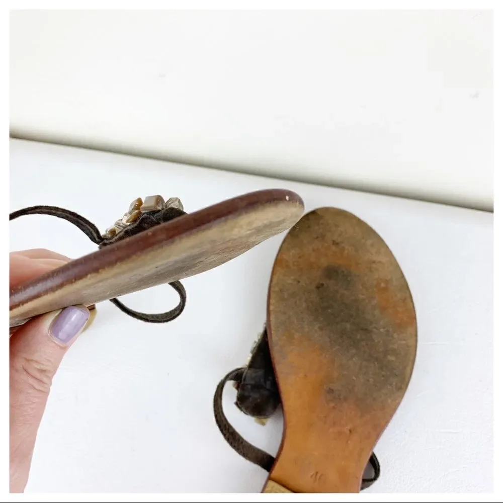Cocobelle Brown Suede Leather Stone Beaded Thong Flat Sandal 10‎
